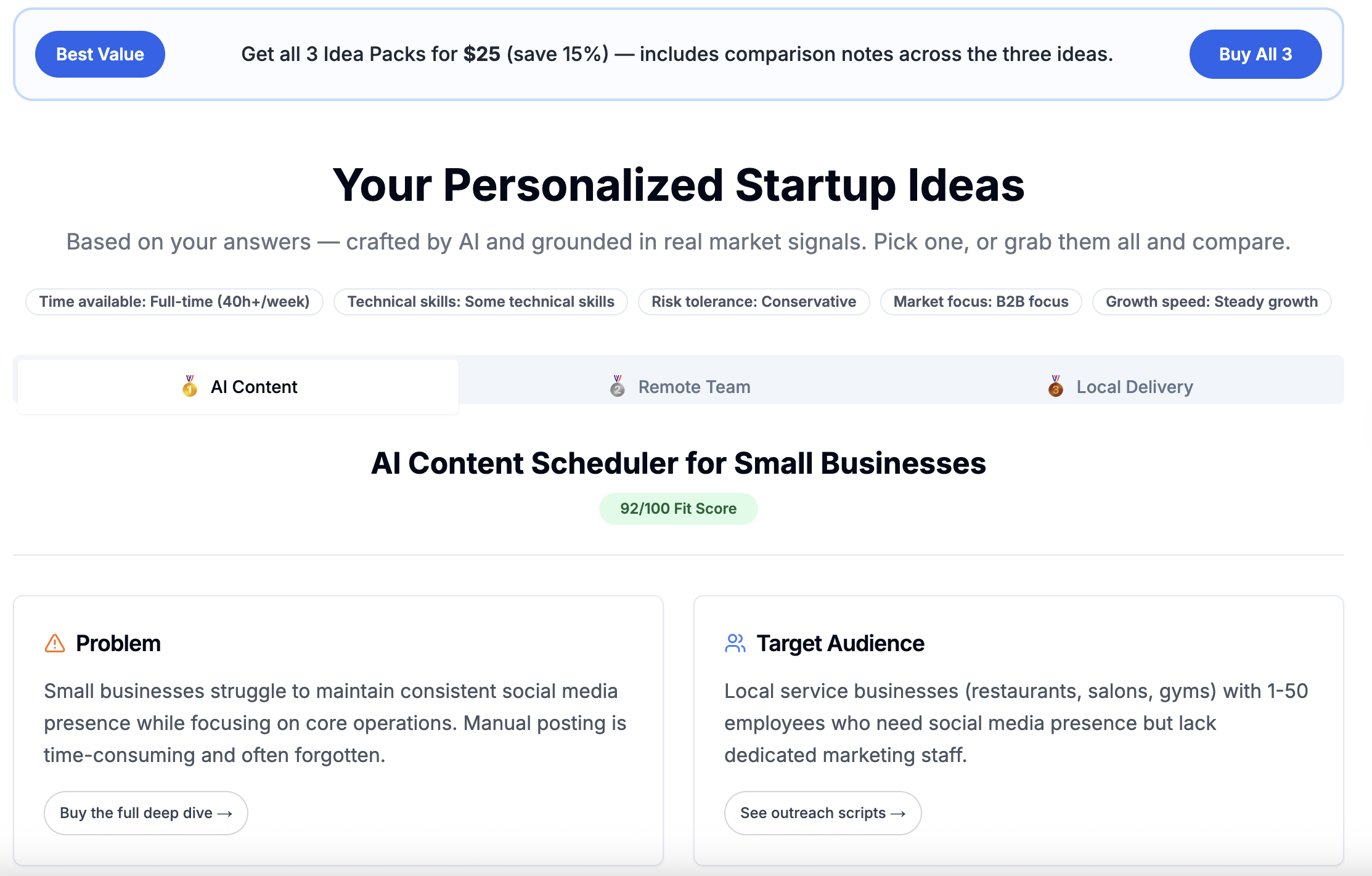 Personalized startup ideas with match scores